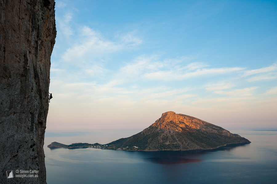 Evan Stevens, The Siege of Thermopylae (6c+), sector Spartacus, Kalymnos, Greece, with Telendos Island in the background.