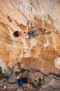 Adam Ondra making the first ascent of Los Revolucionários (9a), first route of this grade in Greece, in 2009. Sector Odyssey, Kalymnos, Greece.