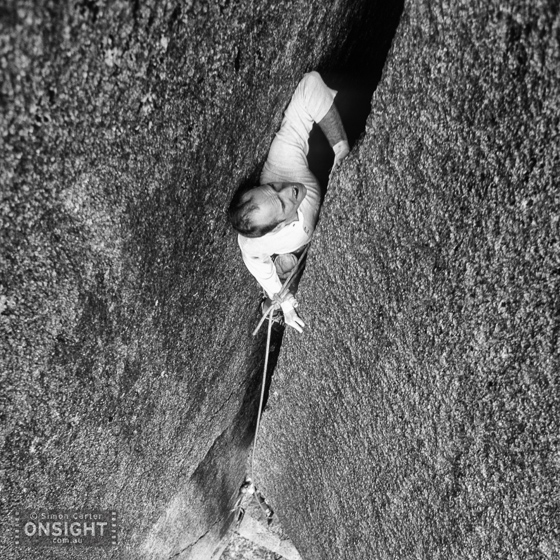 Mark Davies sans pro high on pitch two Monarch (22), 75-metres. The Gorge, Mt Buffalo.