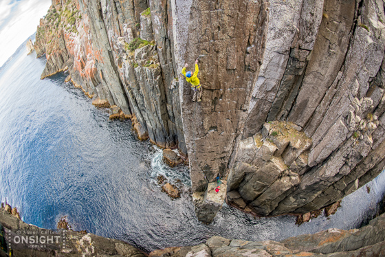 Putting the fish-eye lens to full effect... Garry Phillips on The Sorcerer (27) with Chris Coppard belaying, a new independant route that they established on the Totem Pole in 2015 -- some 20 years after the first free ascent of the 65m high pillar.