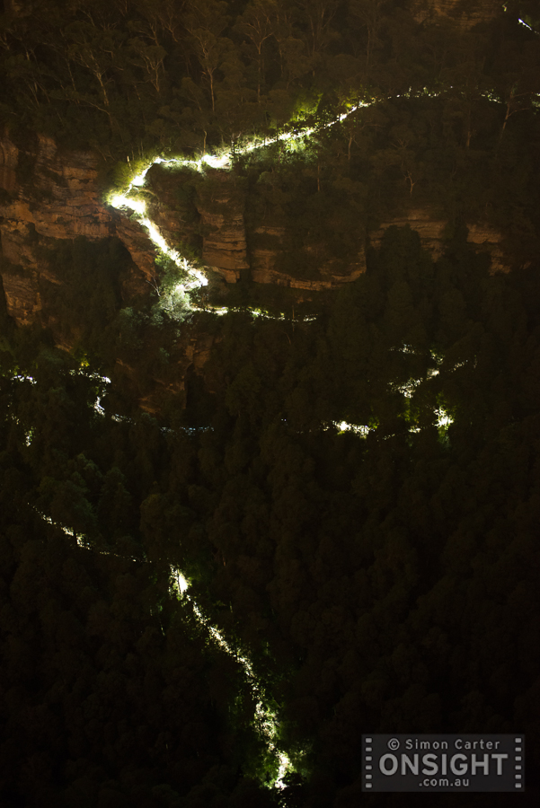 Light trails in the Jamison Valley from runners compteting in the 2015 North Face 100.