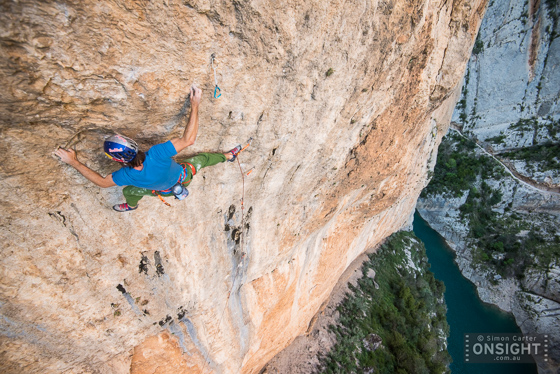 Chris Sharma attempting pitch two, at around 9a, of his mega multi-pitch project at Mont-rebei, Spain.